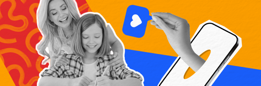 mom and daughter smiling together with an illustrated phone with a hand reaching out of the screen with a like symbol