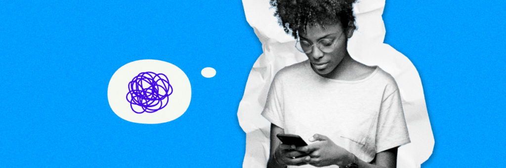 woman looking down at phone with a thought bubble full of anxiety on blue background