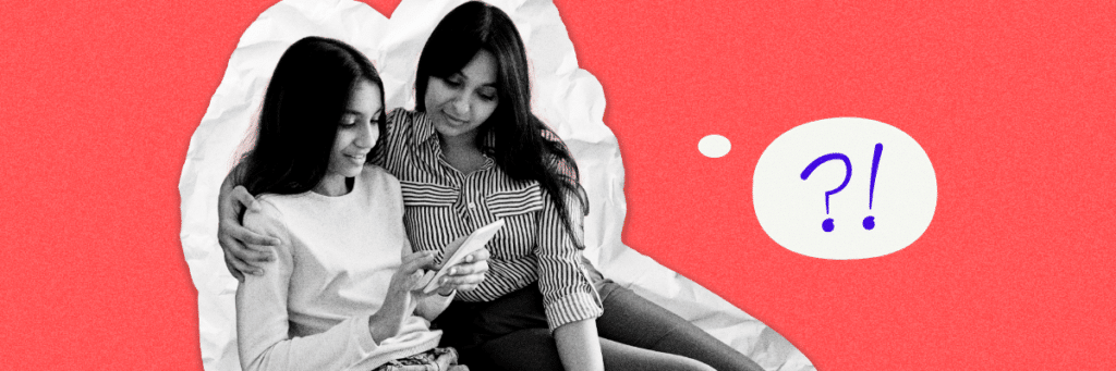 mom with teen daughter looking at cell phone together and an exclamation thought bubble