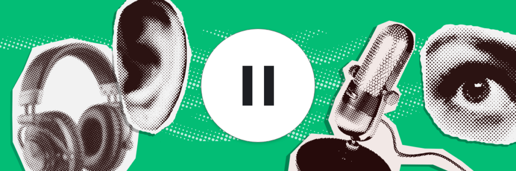 a pause icon surrounded by an ear, headphones, microphone, and an eye on a green background