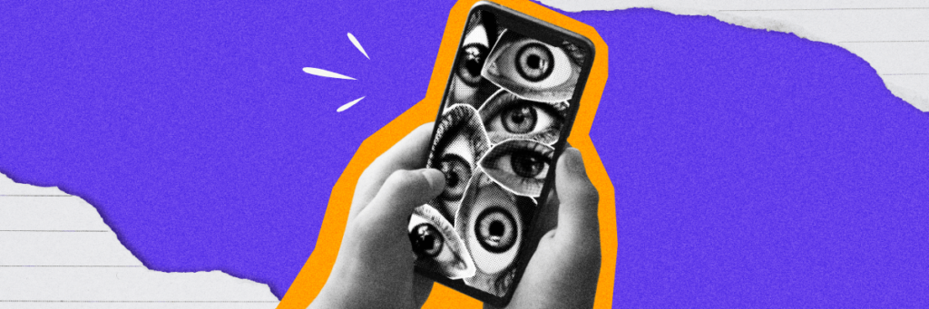 cell phone with collage of eyes on the screen