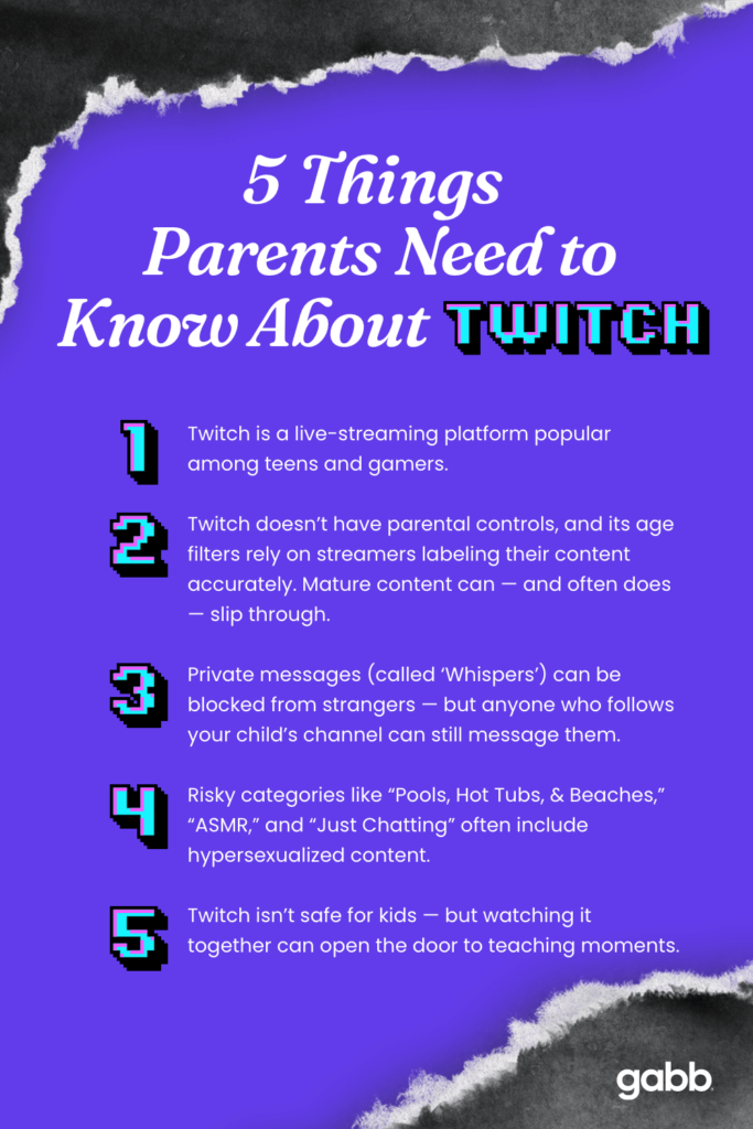 5 things parents need to know about twitch are that twitch is a live streaming platform doesnt have parental controls and private messages risky categories and isnt safe for kids