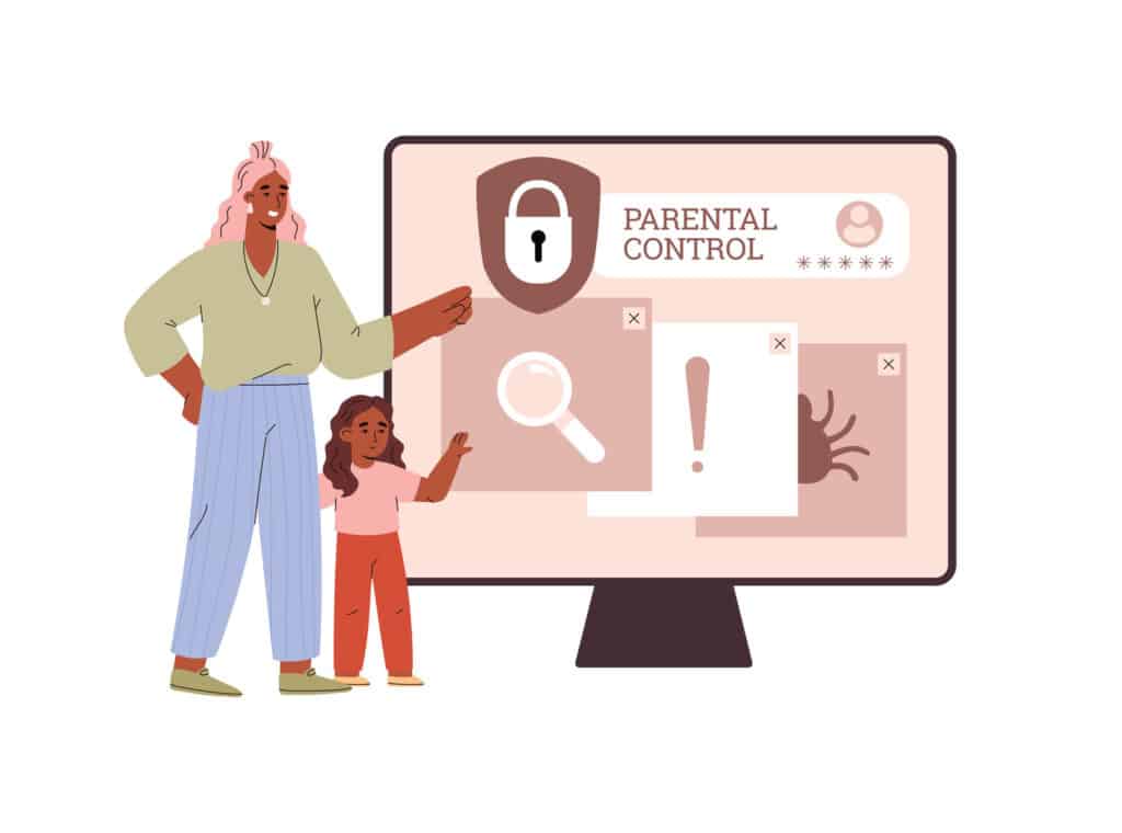 mom and daughter looking at screen that says parental control
