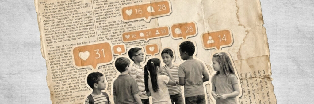 a newspaper with a bunch of kids with likes and comment icons above their heads