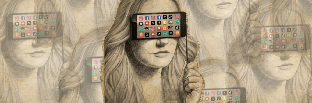 woman holding a mask up over her eyes, but the mask is actually a smartphone with colorful apps