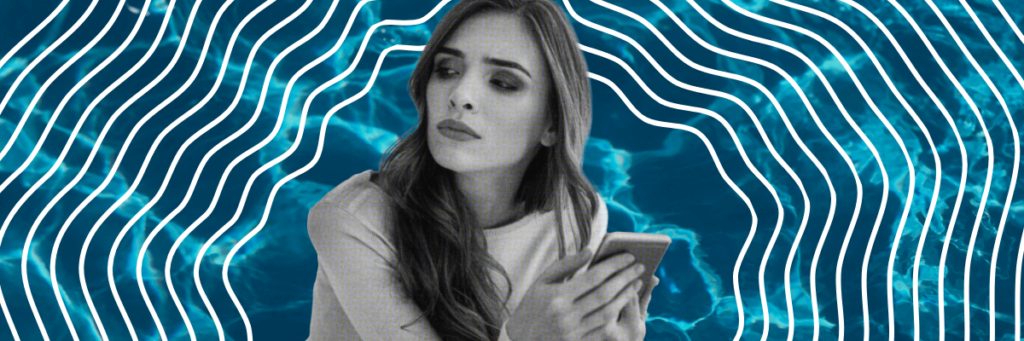 young woman looking away from smarphone with bombastic side eye