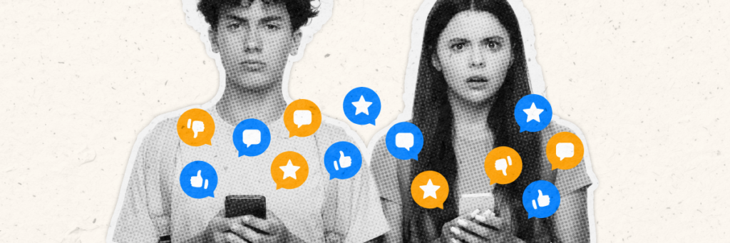 teens holding phones with all different reaction bubbles coming off of them