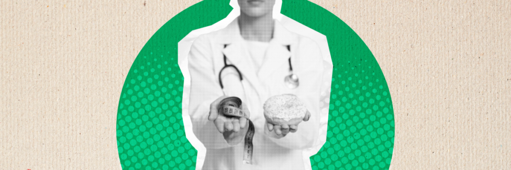 doctor holding a tape measurer in one hand and a donut in the other