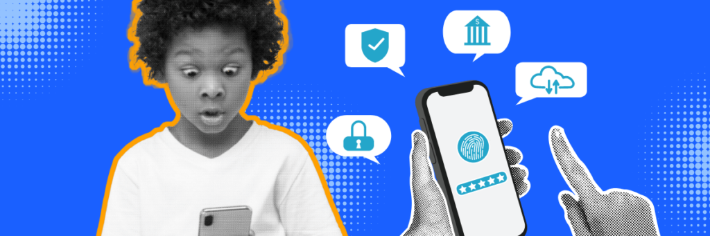 little boy looking shocked at his phone, a hand installing parental controls on a phone screen next to him