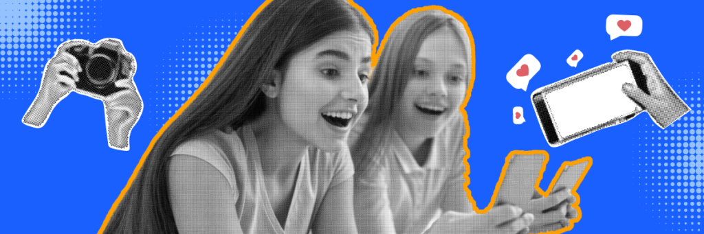 two young girls smiling at smart phones