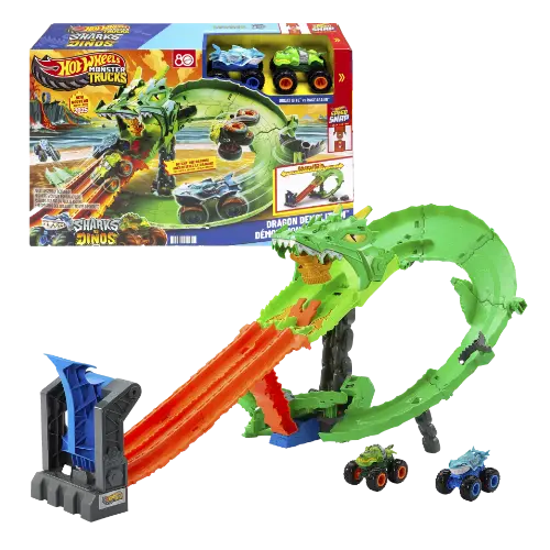 Hot Wheels Monster Trucks Sharks vs Dinos Dragon Destruction Playset & 2 Toy Trucks