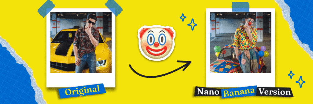 original photo of a man and then a nano banana version where it's the same guy with clown costumes and a clown car