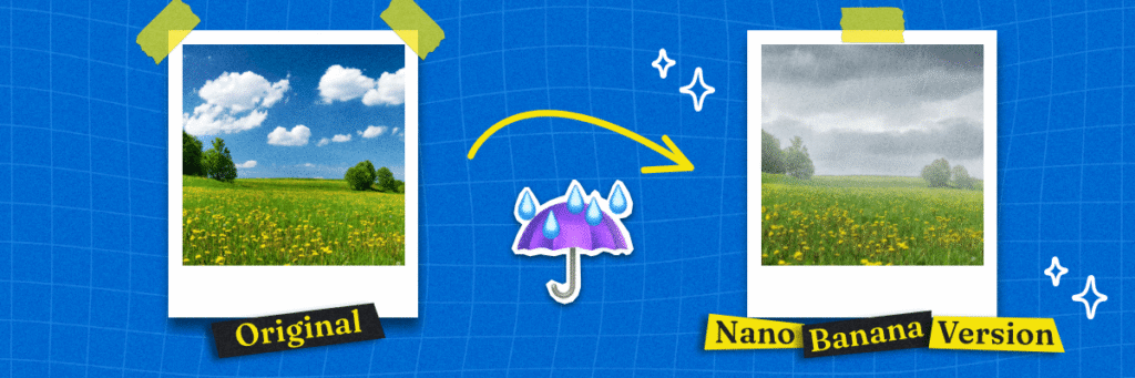 original image vs nano banana version of an image, one has sunshine, the nano banana one has rain