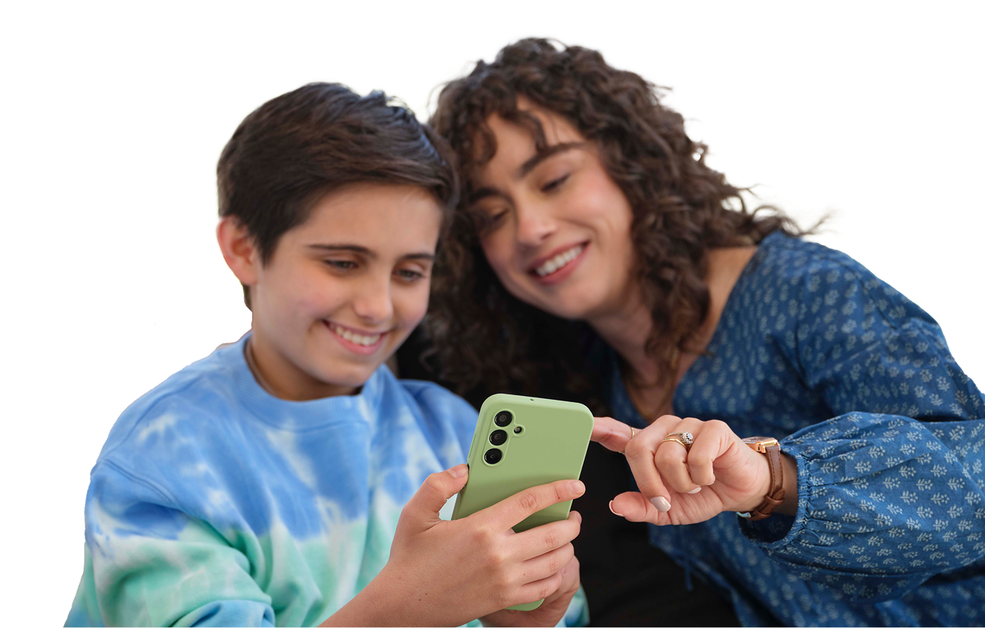 A mother and son smiling together while looking at a phone
