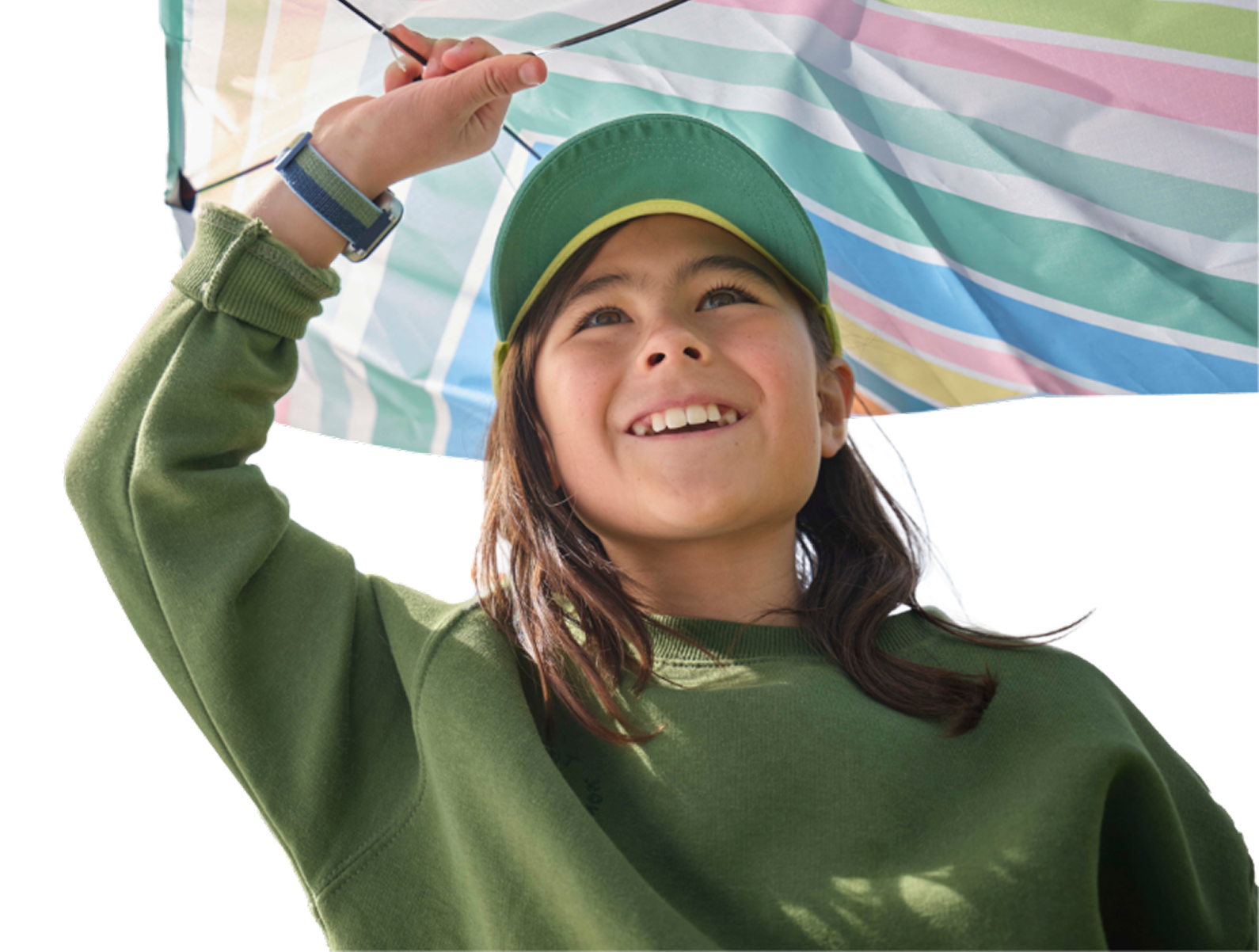 girl in a green sweatshirt holding a rainbow umbrella while wearing her gabb watch